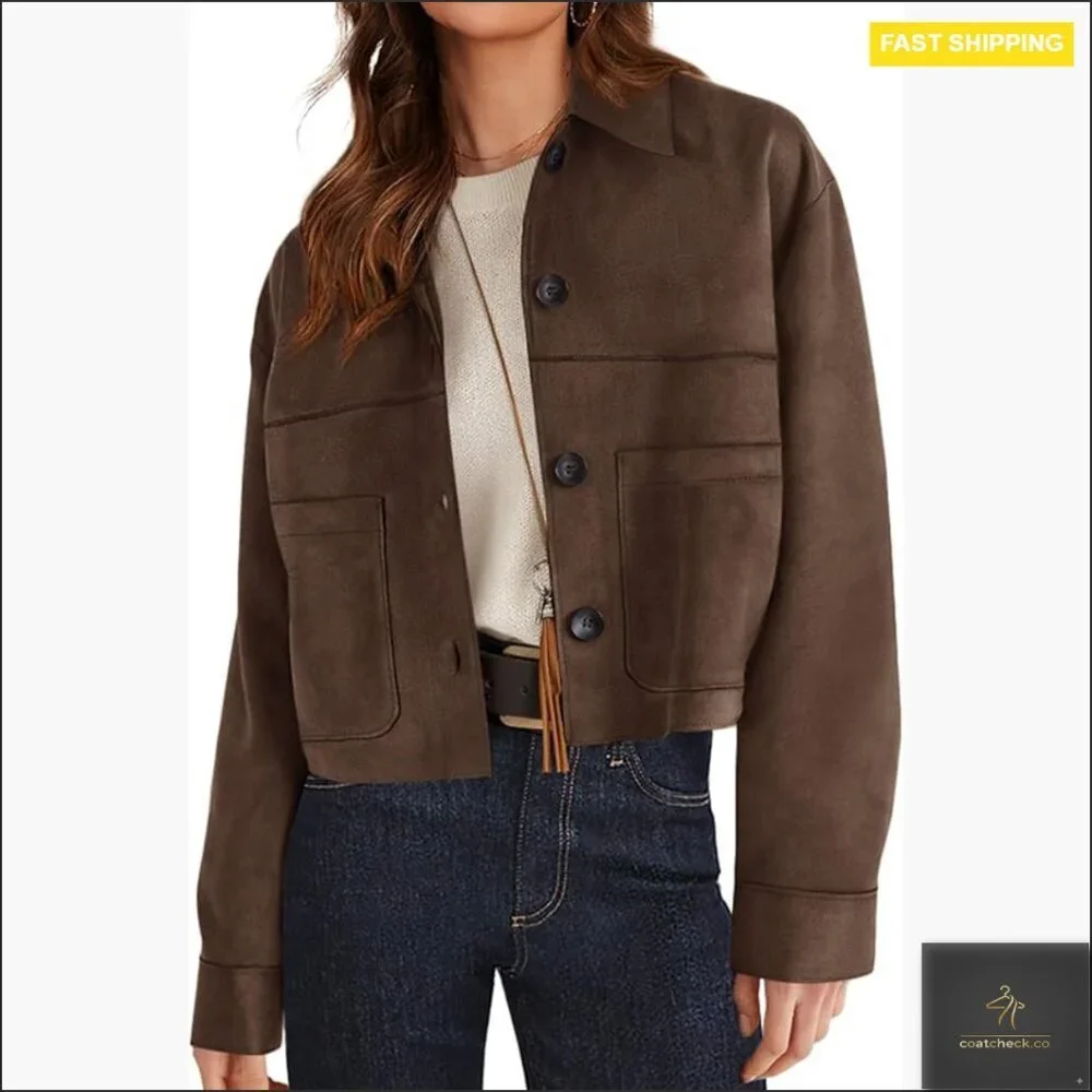 Faux Suede Cropped Jacket Long Sleeve Button Front Patch Pockets Relaxed Fit